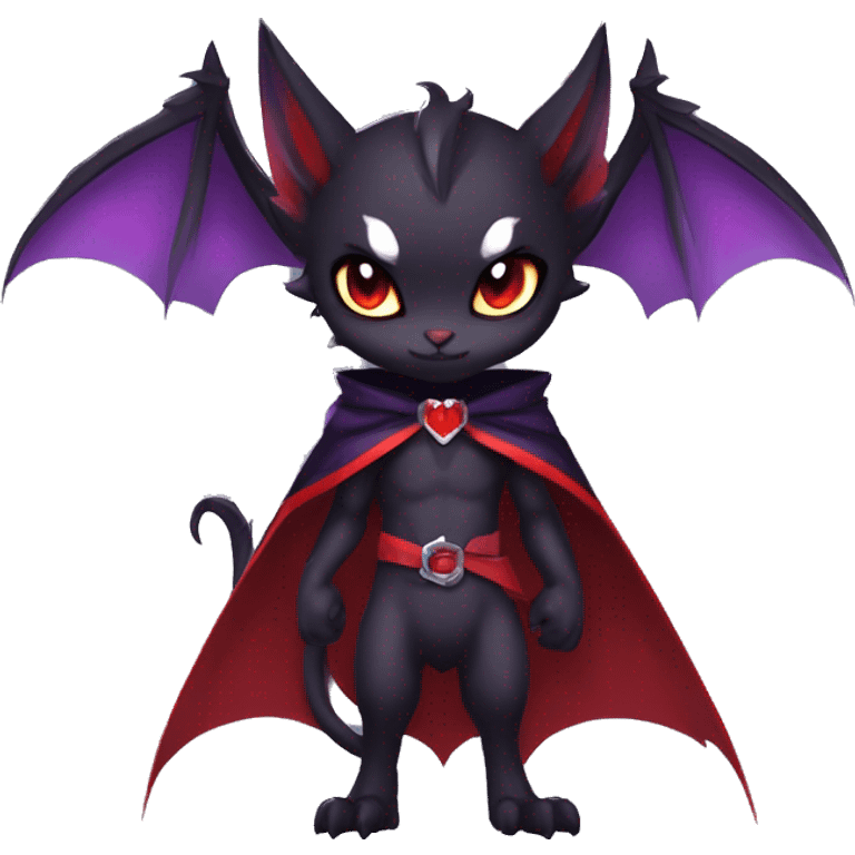  Black Red Purple Chibi Kawaii Edgy Cool Cute Vampiric Demonic Beautiful Noivern-Nargacuga-Litten with big Bat Ears and wearing a cape and collar full body emoji