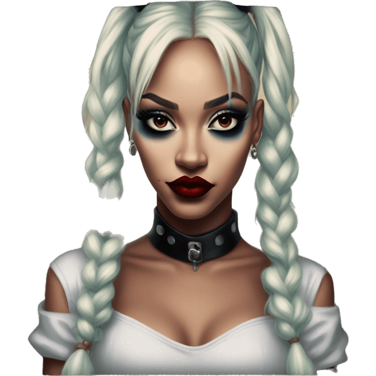 Jasmine Rihanna in Harley Quinn style, oil paint, mysterious eyes, intricate lips, masterpiece portrait, odd perspective, beautiful, desirable, logical emoji