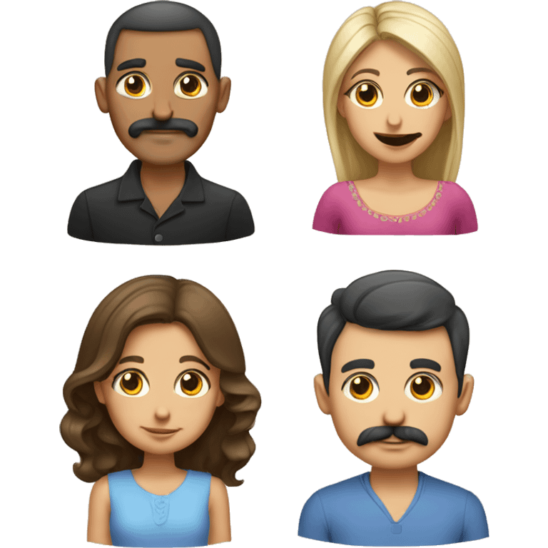 emoji Armenian family with young fancy  mom, young fancy  dad with mustache and without hair, kid girl  emoji