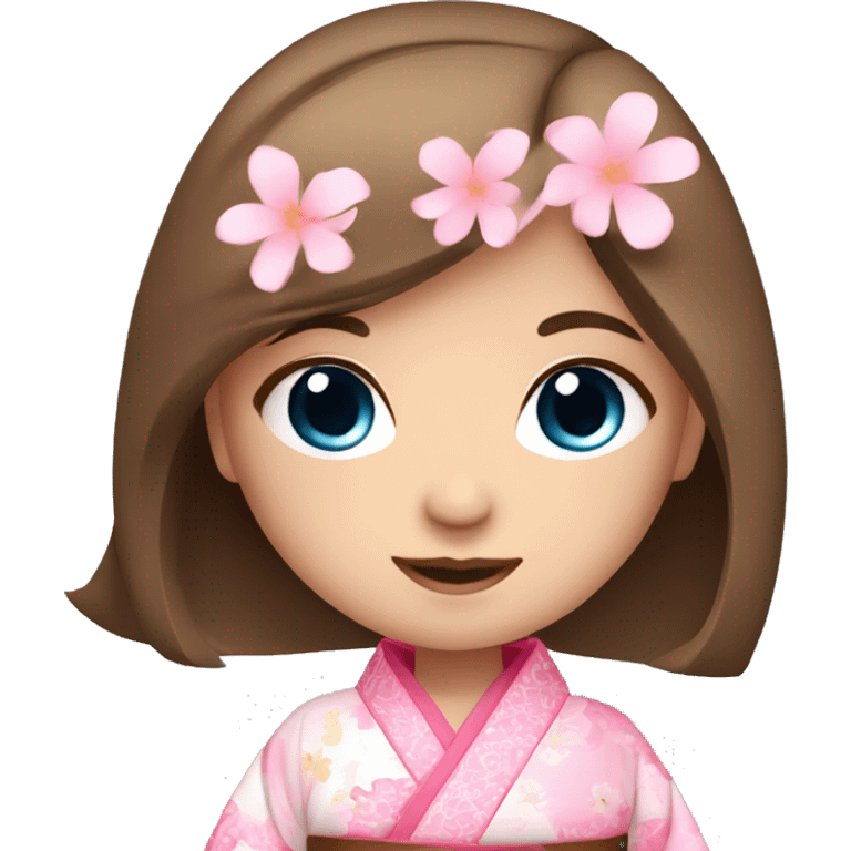 cute girl brown straight hair and blue eyes in pink flower kimono emoji