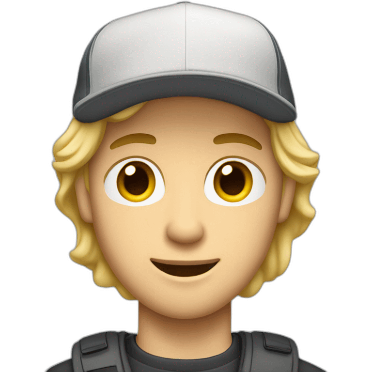 blonde guy wearing a cap with a mac book pro emoji