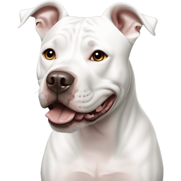 Smiling White American Staffordshire terrier with light gray/brown patches by only her left ear and blue eyes emoji