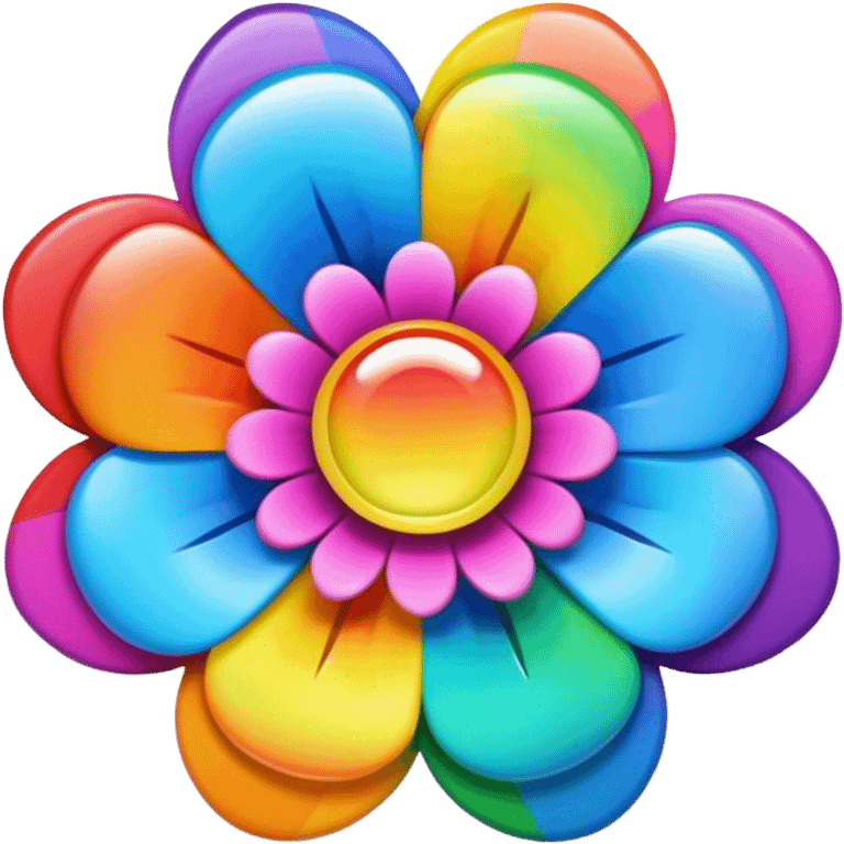 A round psychedelic colored button with a large rainbow colored flower in the center emoji