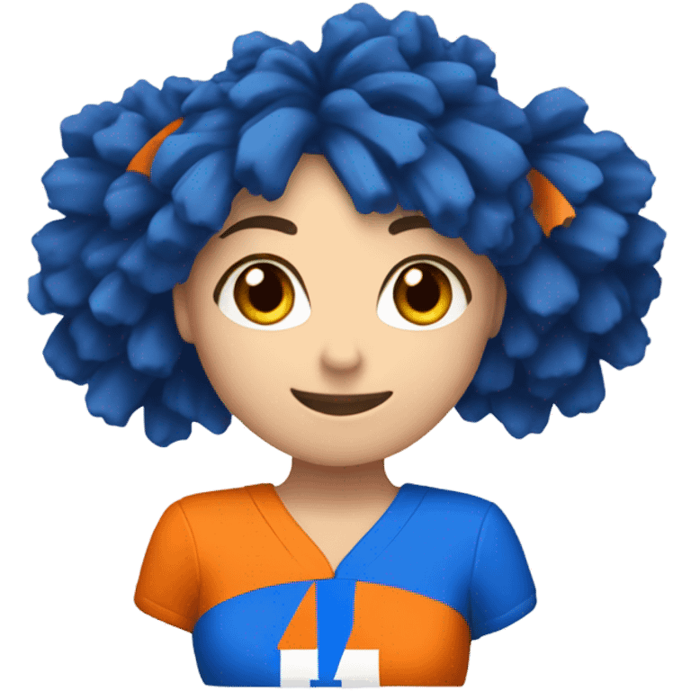 Caucasian Cheerleader with orange and blue Pom poms  in her hands and a “K1” on Uniform emoji