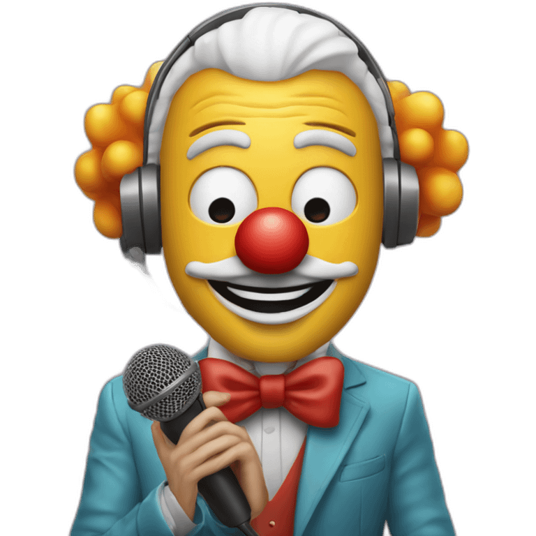 spanish radio presenter with radio station microphone in his hand with his face made up as a clown emoji