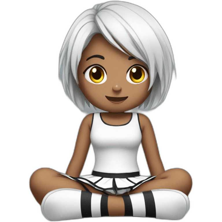 Frontal view curvy emo girl sits white skirt striped stockings hands up emoji