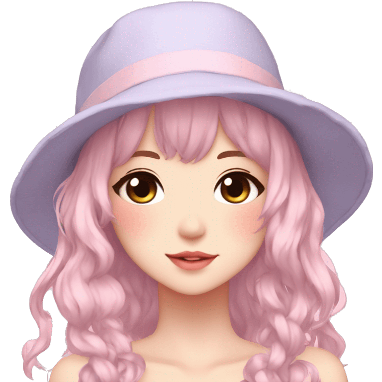 Gorgeous pastel anime girl with blushing face and hair garnitures and pretty hair and a hat aesthetic trending style emoji