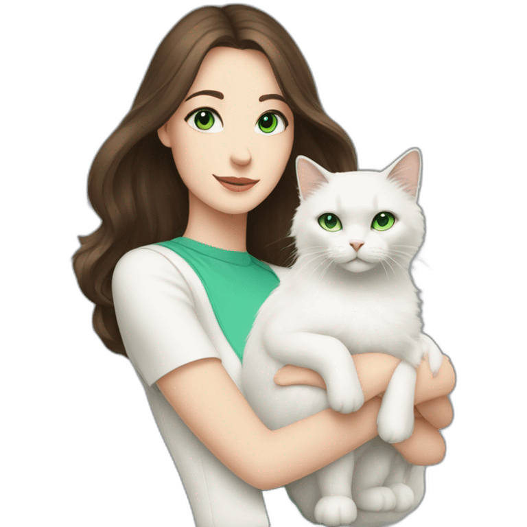 brunette with blue eyes holds a white fluffy cat with green eyes emoji