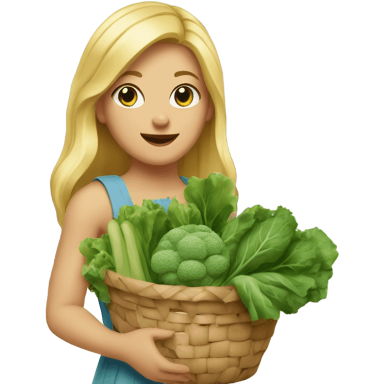 Girl with blonde hair and blue eyes wearing a sleeveless sundress and carrying two baskets of vegetables and greens emoji