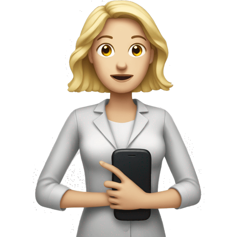 white woman holding big phone emoji