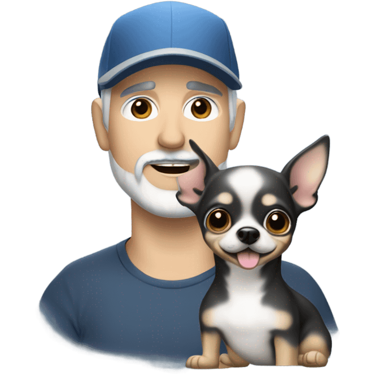 Handsome blue eyed man, with grey hair,  and grey goatee beard, wearing ball cap, holding a black long hair chihuahua  emoji