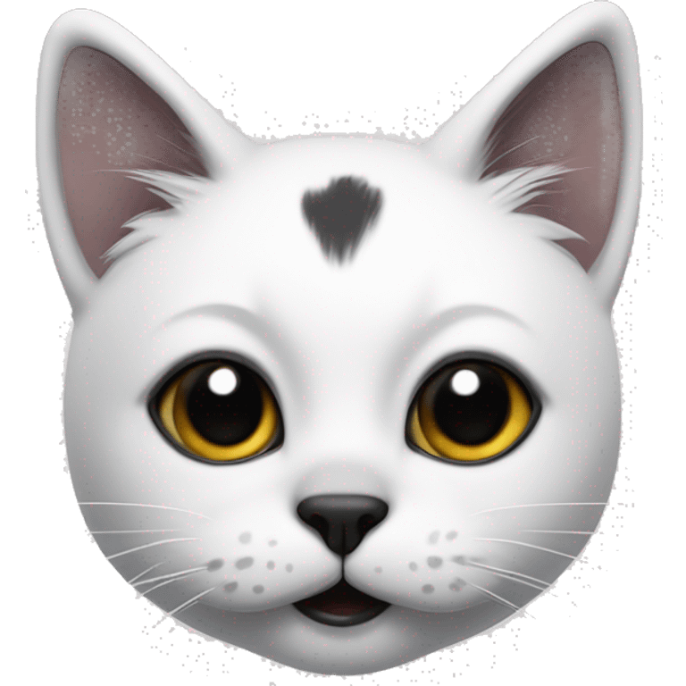 Cat with clear white face with a black mustache-shaped spot under the nose and a little on nose. Dark patches on the forehead and around the ears create a striking contrast with the white fur. emoji