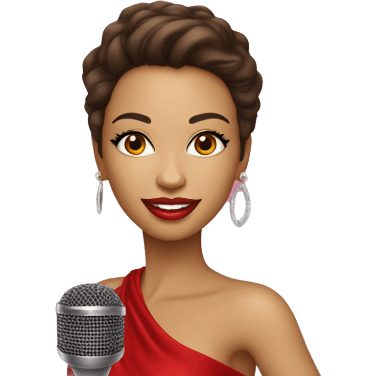 Cantora de forró, loira, com microfone na mão, com bota, figurino de diva na cor vermelha emoji