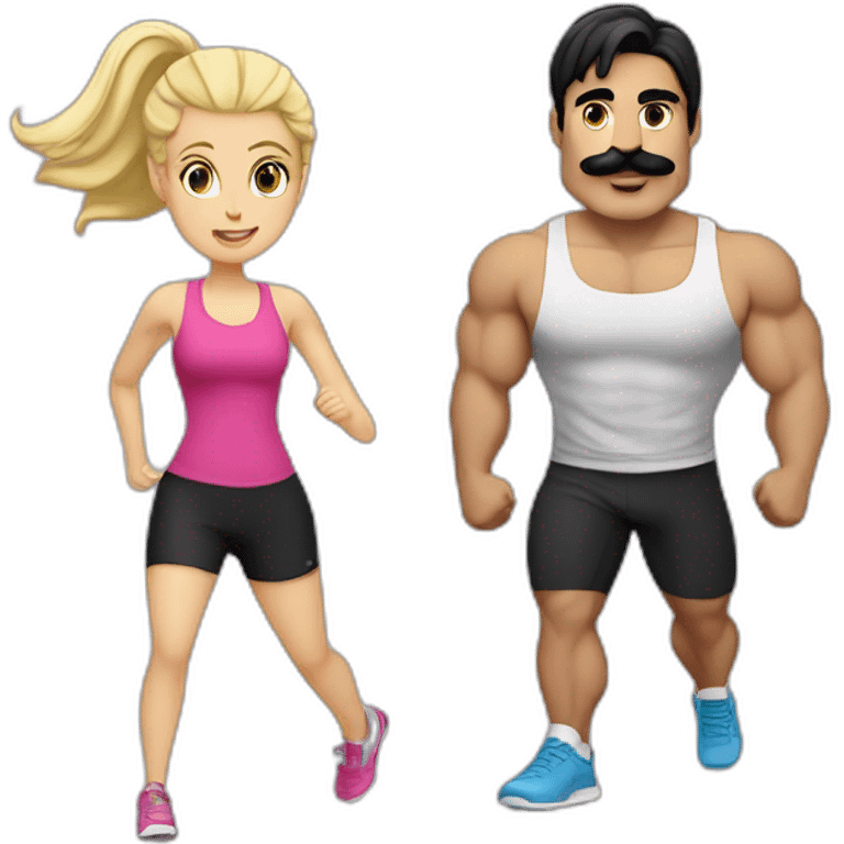 A White guy with black hair and a mustache going to the gym with a blonde girl emoji