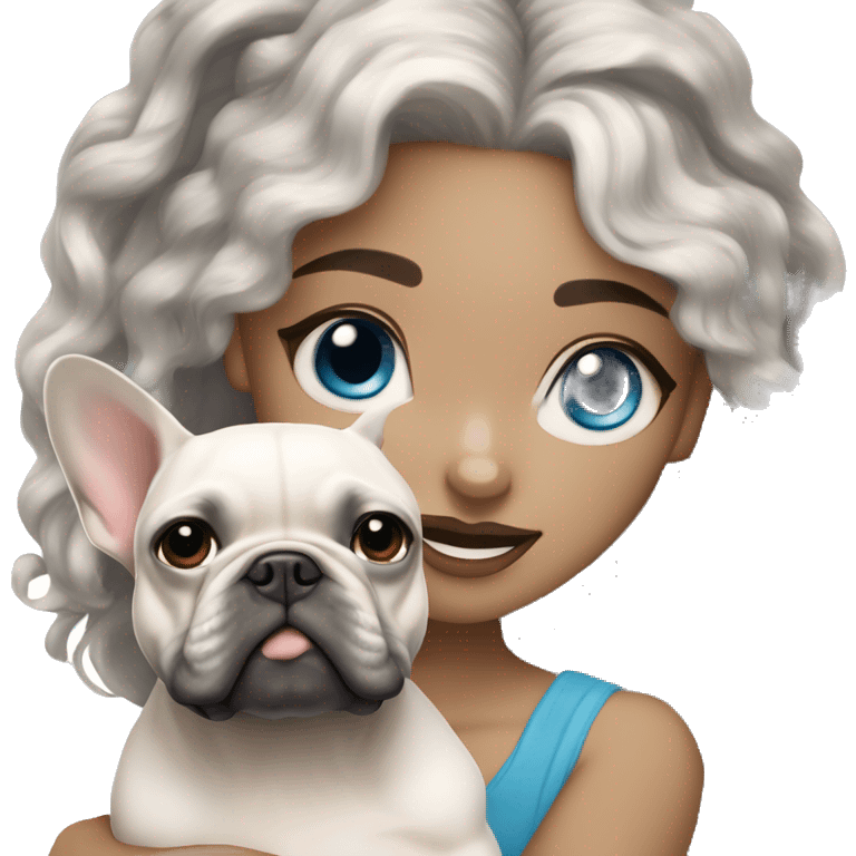 light-skinned and fair-haired blue eyes dancer with a French bulldog merle puppy emoji