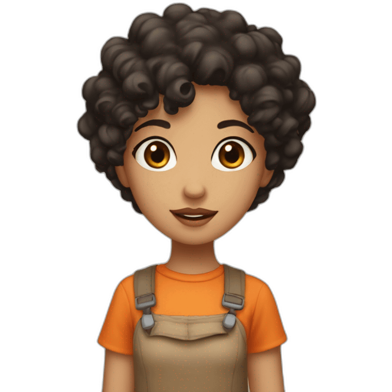 a light skin girl with curly black hair and brown eyes an and a orange shirt pointing at somthing emoji