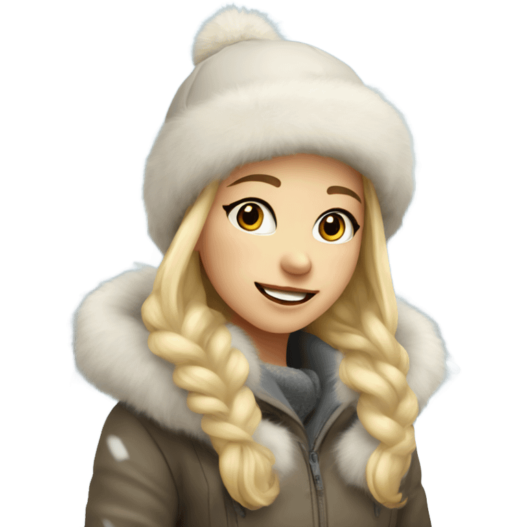 blonde girl in a fur hat playing in the snow emoji