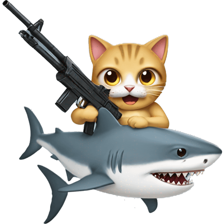 Cat holding a gun riding a shark emoji