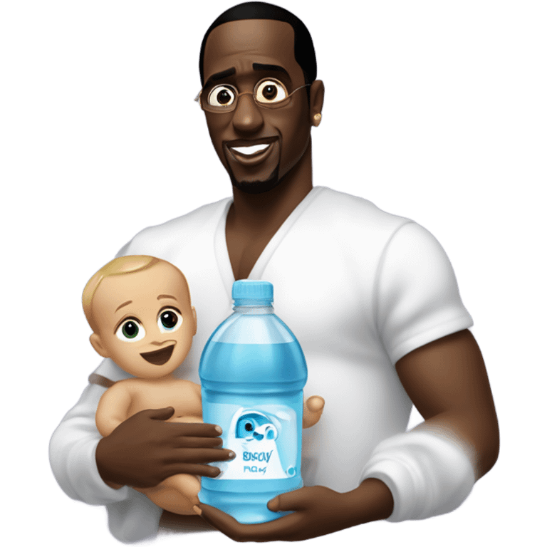 P diddy holding a baby and a bottle of baby oil emoji