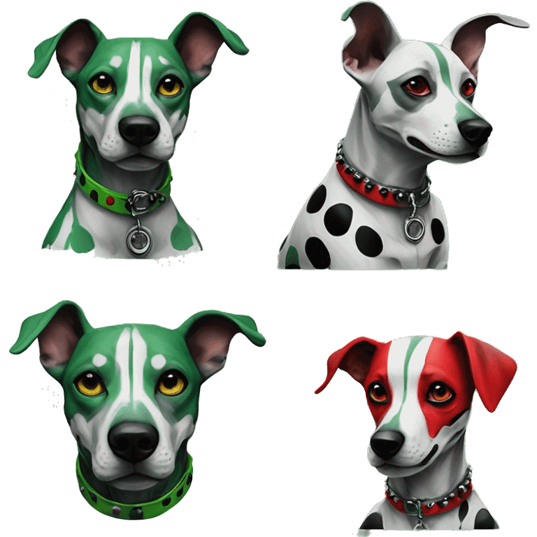 Edgy Punk dog spiked collar tattoos Green gray black red punk dog Harley Quinn as a dog mime clown harlequin facepaint tattoos punk lurcher surrealism  emoji