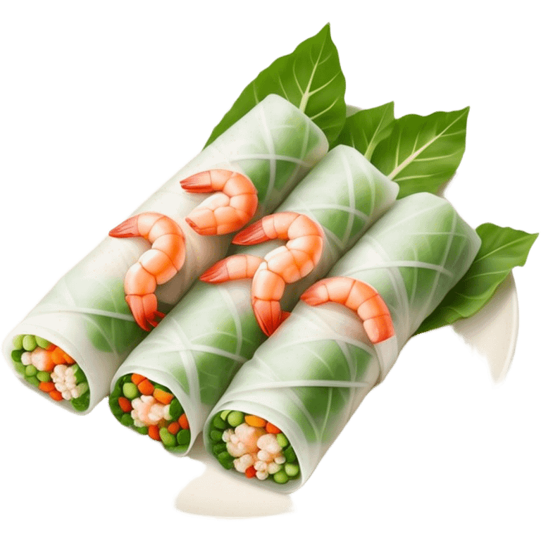 Cinematic Realistic Vietnamese Summer Rolls Dish Emoji, depicted with delicate rice paper wraps filled with fresh vegetables and shrimp rendered with crisp textures and refreshing lighting. emoji