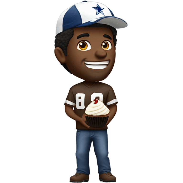 white guy with dark hair wearing a cowboys football hat while holding a cupcake with a grimacing grin on his face emoji