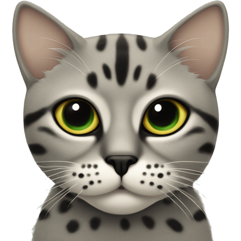 Gato atigrado gris, beige y negro, con lunares en los bigotes, los ojos verdes-amarillos emoji