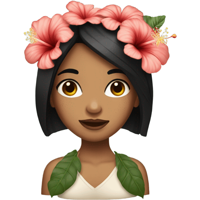 Girl with freckled skin with black straight hair holding hibiscus flowers emoji