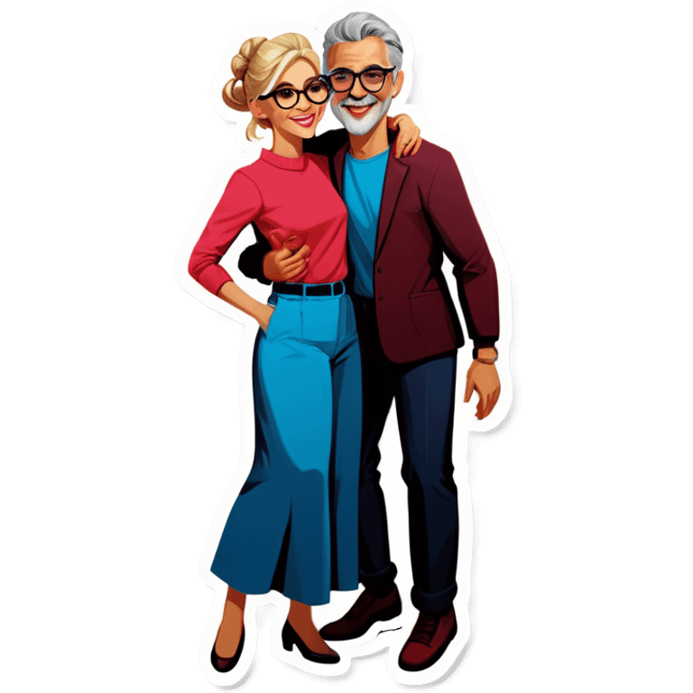 Hyper Realistic Couple in love,  dancing lady blonde wearing glasses man grey hair clean shaven
 emoji