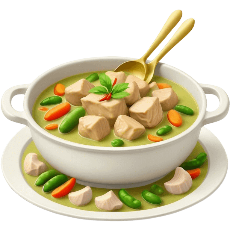 Green Chicken Curry Cinematic Realistic Green Chicken Curry Dish Emoji, depicted as tender chicken chunks simmered in a fragrant green curry sauce with vegetables, rendered with vivid textures and dynamic, vibrant lighting. emoji