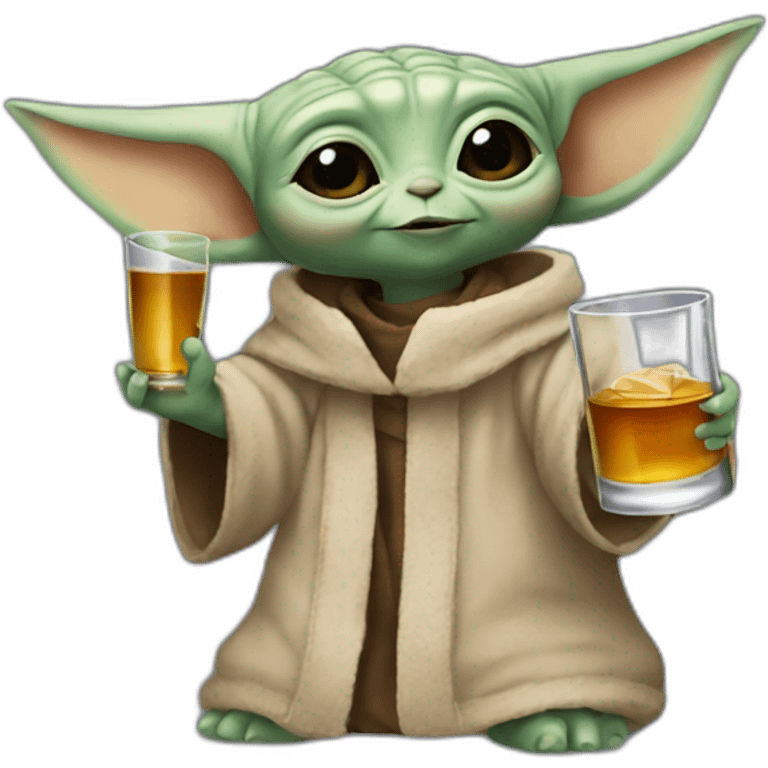 small baby Yoda holding up a big bottle of whiskey emoji