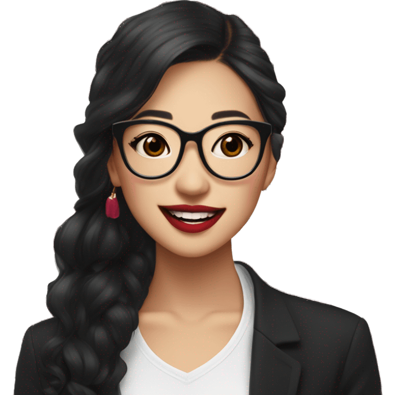 Asian girl, smiling with teeth, fair skin, black long hair, black eyes, black glasses with gold frames, red lipstick, wearing a white lace tank top and a black office jacket on top, with pink and red roses around her emoji