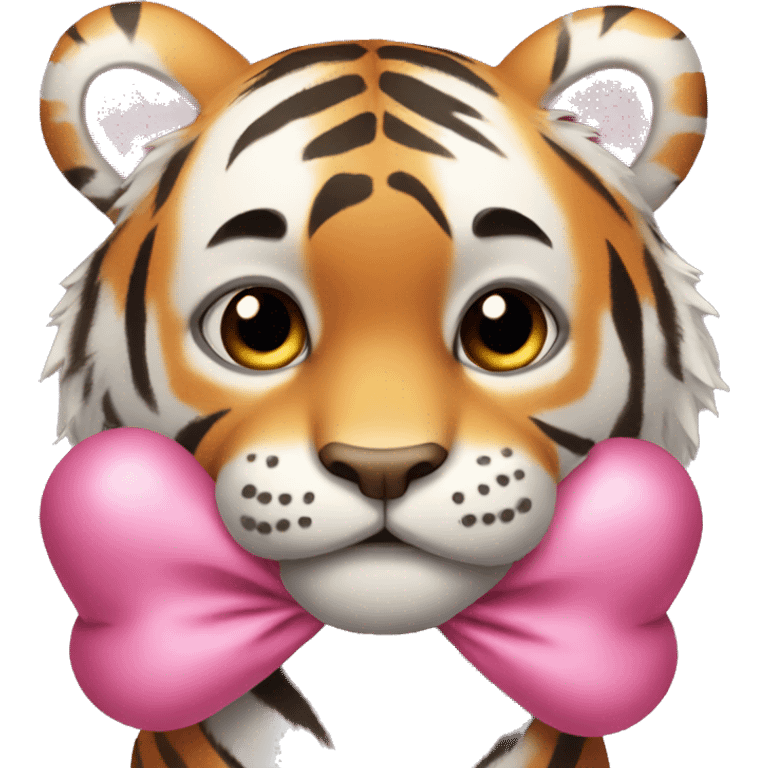 tiger holding teddy bear with a pink bow on its head emoji