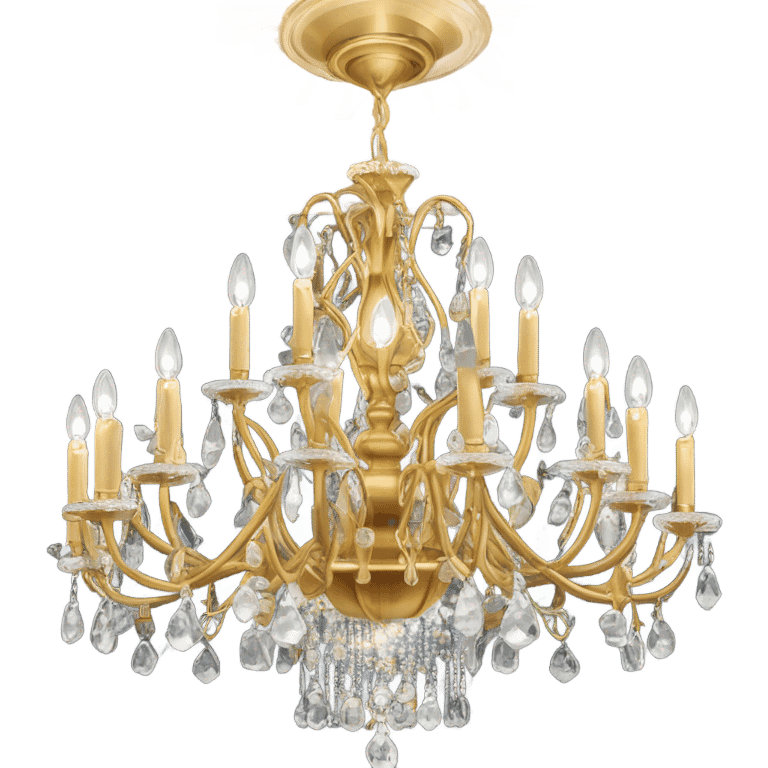 Gold chandelier with 12 arms, candle lights, crystal pendants, and ornate white ceiling rosette. emoji