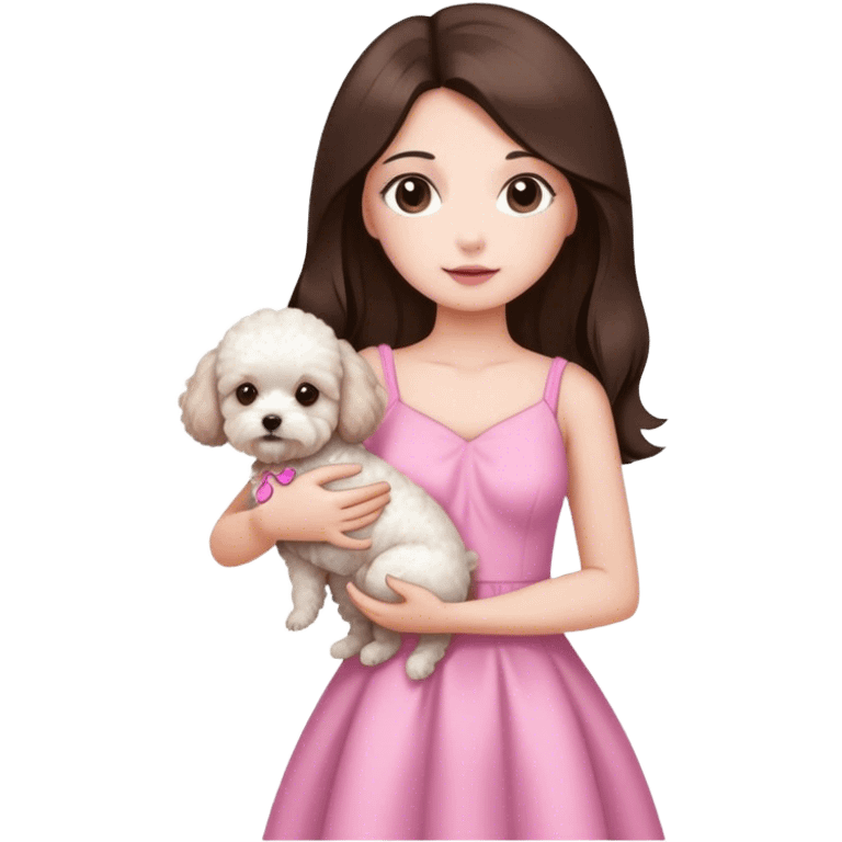 brunette with long straight hair holding white maltipoo in pink dress emoji