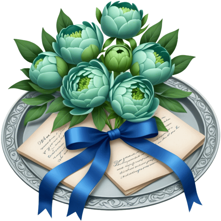 A beautifully ornate silver tray holding a bouquet of soft green peonies and a love letter tied with a deep blue ribbon. emoji