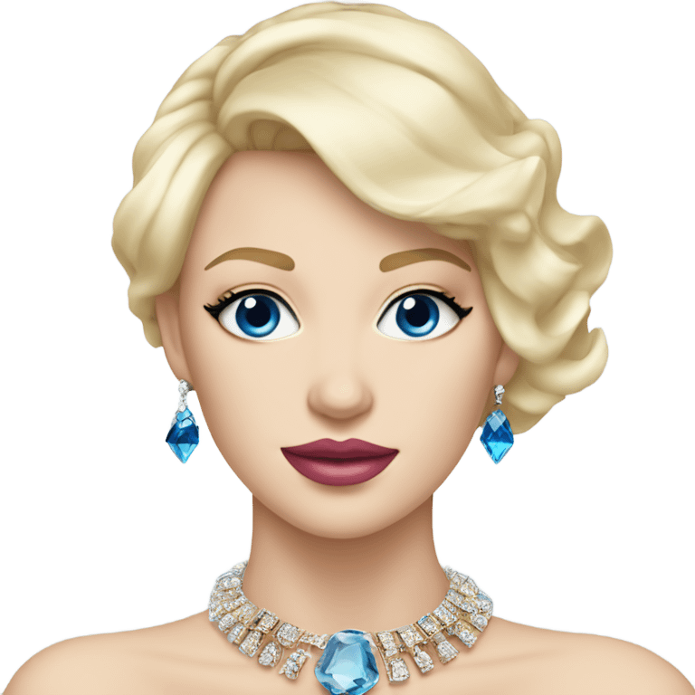 pink lips, white skin , straight blonde short haired woman with blue eyes wearing expensive jewelry emoji