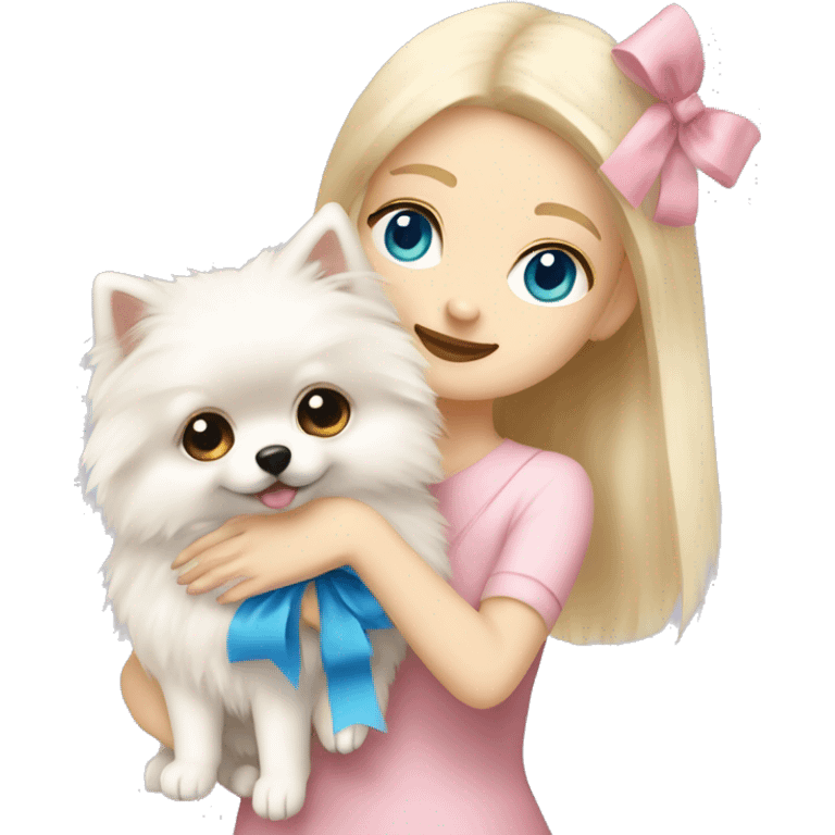 Blond girl white skin blue eyes hugging white Pomeranian with light pink bow emoji