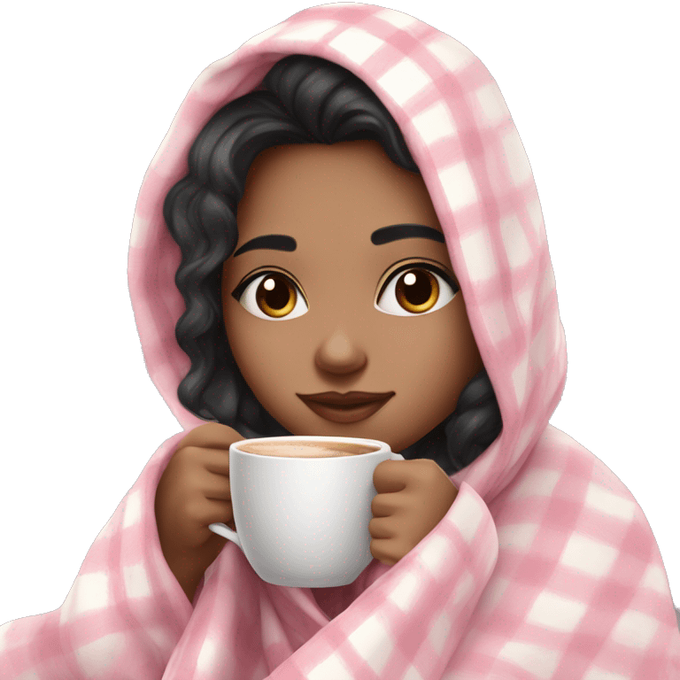 A cute black hair girl wrapped in pastel pink plaid blanket drinking coffee emoji