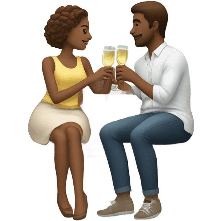 couple of white people, brown hair, sitting closely on a park bench, enjoying a romantic moment. One person is holding a croissant, and the other is holding a glass of Prosecco.  emoji