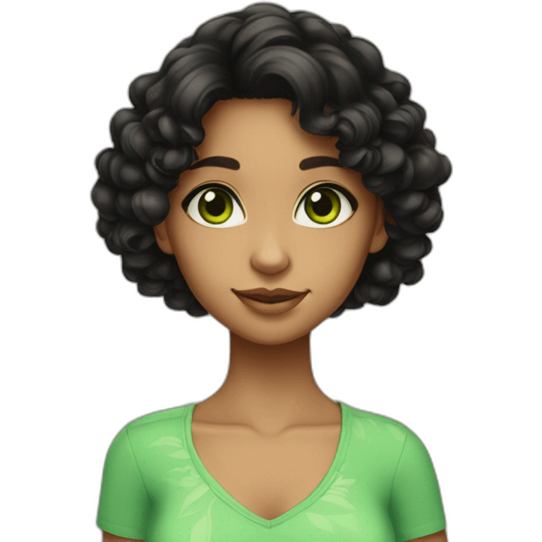 Shoulder length Curly black hair girl big green eyes hawaian skin color emoji