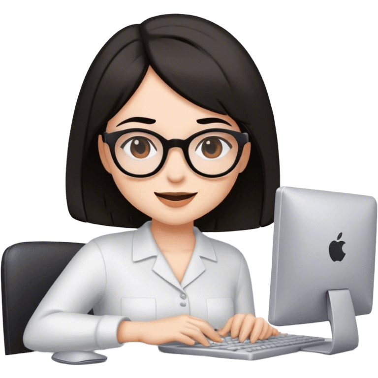 girl with black brown bob hair wearing glasses is winking while working on a computer emoji