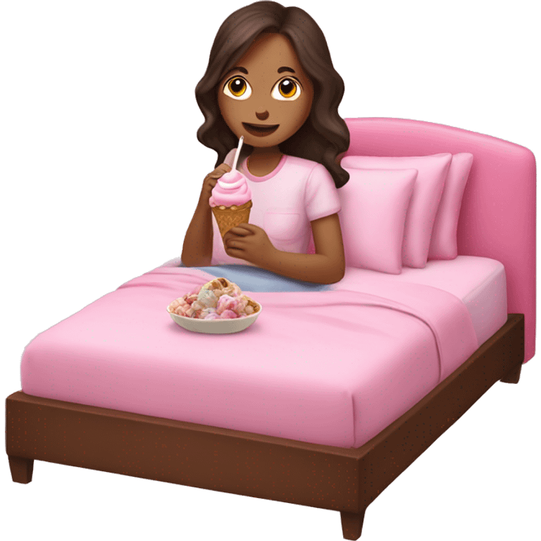 brunette girl eating ice cream in pink bed  emoji