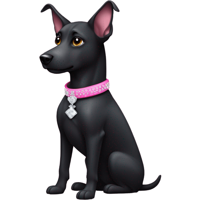 Black dog with a pink collar with diamonds on and pointy ears, make sure the dog has some white on its chest  emoji