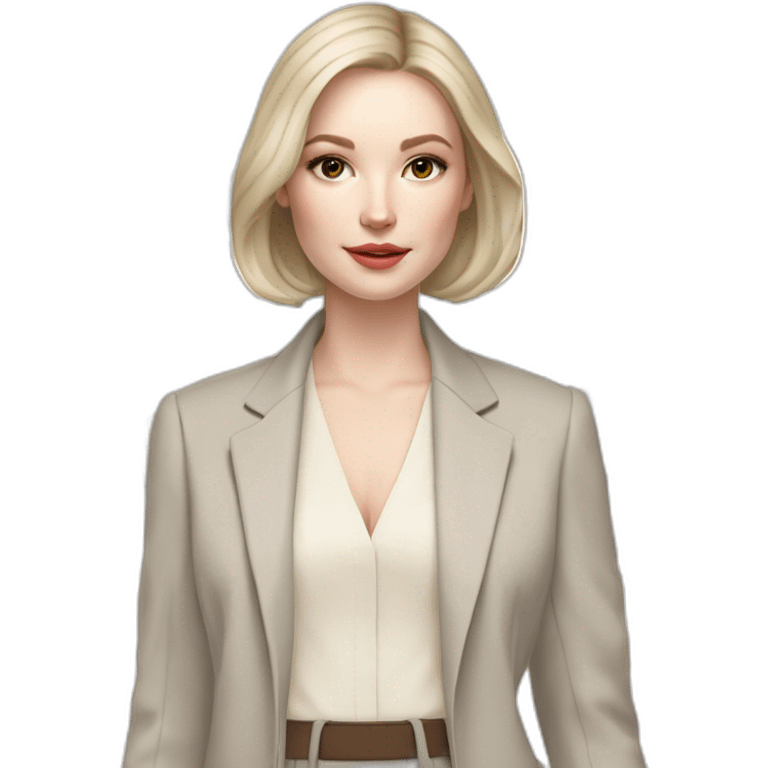 pale skin woman with ash blonde Straightened bob Hair, White Spacious classical jacket, beige palazzo Arrow pants and gray blouse holding a color palette in the hands emoji