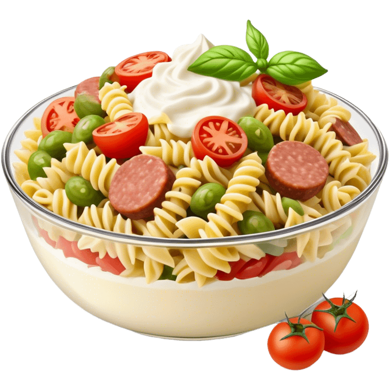 Fusilli pasta salad with chopped meat sausage, chopped gherkins, chopped cocktail tomatoes and mayonnaise, yoghurt emoji