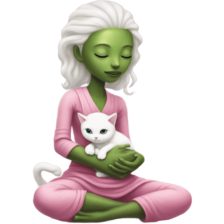 Reptilian alien woman, in meditation pink dress hugs a white cat emoji