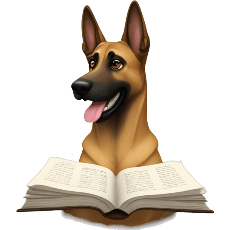 malinois prends des notes avec un livre emoji