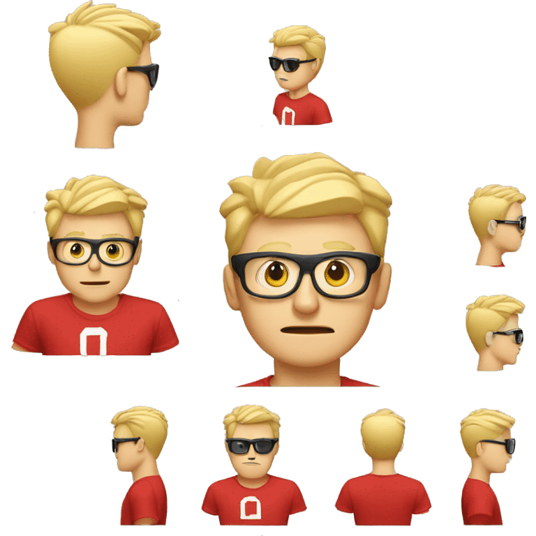 Nerdy middle aged white man with short blond spiky hair looking confused and wearing sunglasses and a red tee shirt holding an electronic tablet emoji