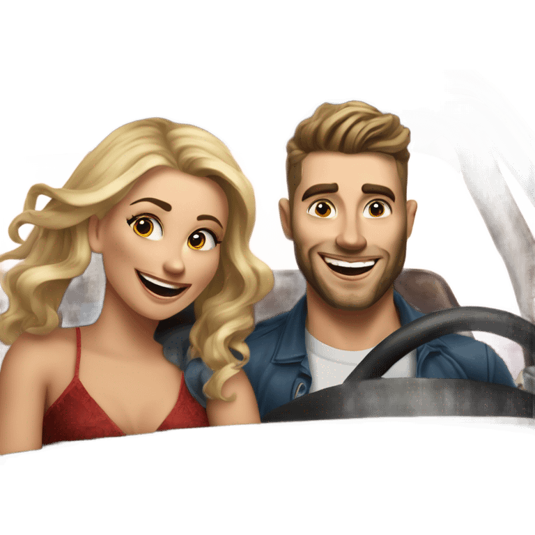 Hyper Realistic beautiful woman and a handsome tattooed man laughing while driving in a fancy car emoji